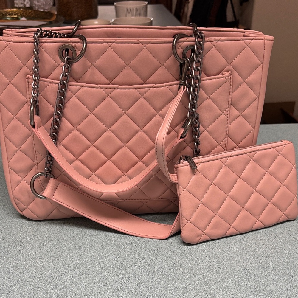 Quilted Pink Tote Bag with Chain Straps